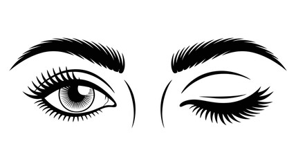 Black and white illustration of two expressive eyes, one open and one playfully winking
