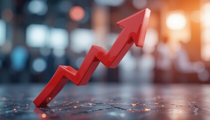 Red arrow symbolizing growth and progress in business with a blurred office background