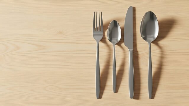 Modern Stainless Steel Cutlery Set Lying on Light Wood Table for Dining Concept