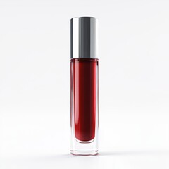 Obraz premium Elegant Ruby Lip Gloss Bottle on Soft White Background, Reflective Cap, Stylish Makeup Accessory