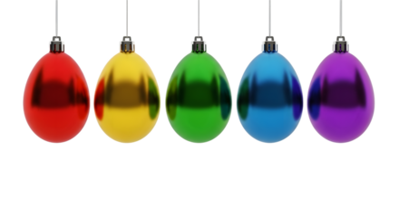 Colorful christmas ornaments hanging from strings on a black background isolated on transparent background