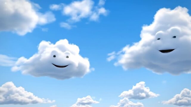 Happy cartoon clouds with smiling faces floating in a bright blue sky, animated weather background.
