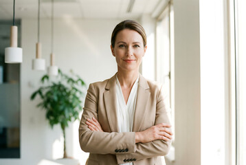 Confident businesswoman in beige suit with arms crossed in bright modern office professional corporate headshot leadership management and business success concept