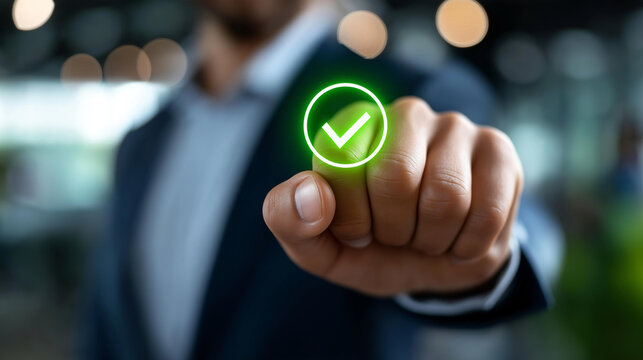 Professional validating digital documents, defocused green checkmark overlay, faceless certification workflow, approval verification process, blurred corporate environment, quality control