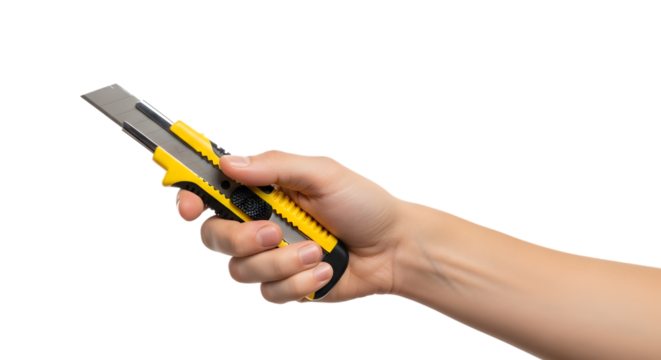 Hand holding a yellow and silver utility knife isolated on transparent background - Powered by Adobe