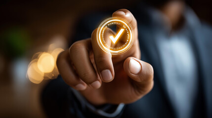 Businessman prioritizing quality assurance, guarantee and ISO certification, standardization commitment display, exceptional service delivery, reliable evidence framework, with copy space