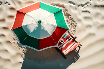 Multicolor beach umbrella, sun lounger on tropical ocean sandy beach. Top view. Generative AI	