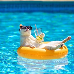 A white cat wearing sunglasses on a yellow floatie