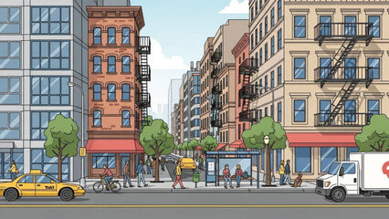 Vibrant city street scene with tall buildings, busy sidewalk, and vehicles, daytime