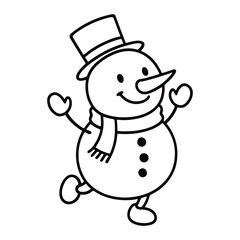Cute happy snowman wearing a hat and scarf with smiling face. Simple bold outlines, playful style, easy to color and perfect for kids coloring books.