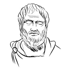 Black and white line art illustration of an ancient Greek philosopher in classical bust style, symbolizing wisdom, logic, education, and the foundations of Western philosophy