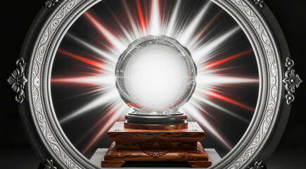 a digital illustration of a crystal ball on a wooden base. The crystal ball is round and transparent, with a silver frame around it. The frame is intricately designed with a floral pattern on either s
