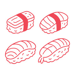 Cute sushi pieces with rice and toppings in simple playful style. Bold clean outlines, easy to color, perfect for kids coloring books and food themes.
