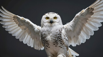 a close-up of a snowy owl in flight. The owl is in mid-flight, with its wings spread wide and its body slightly tilted upwards. Its head is turned slightly to the side,