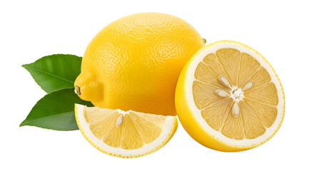 Fresh vibrant lemon with slices and leaves isolated on transparent background