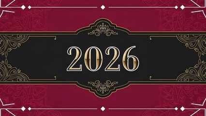 Elegant 2026 New Year's Eve invitation with ornate decorative borders in deep red and gold