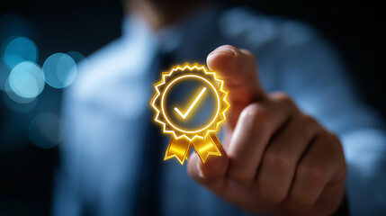 Business professional with excellence award, quality control checks display, certification icon signifying success, corporate achievement visualization, with copy space