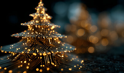 Glowing circuit board lines and sparkling particles creating a futuristic christmas tree silhouette, representing technology and holidays