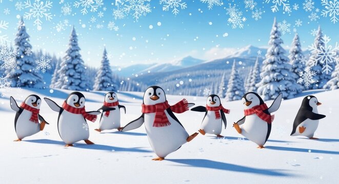 Cartoon penguins dance in a snowy landscape under falling snowflakes