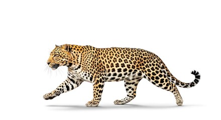 Elegant leopard walks on plain backdrop; side view displays fur and markings