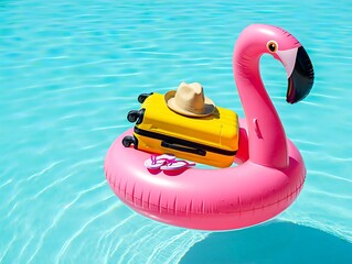 Pink flamingo pool float with suitcase and hat on it floating