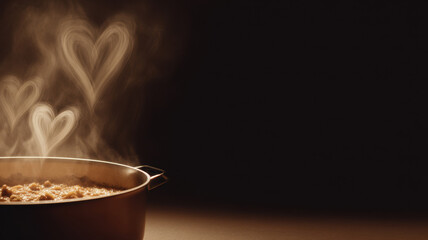 A pot of steaming food emitting steam in the shape of heart. The steam rises gracefully, creating a visually appealing effect, perfect for conveying warmth and care.