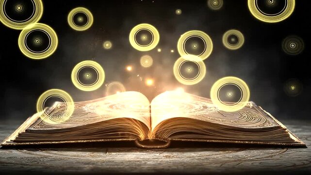 Magical Book with Glowing Pages and Floating Orbs in a Mysterious Dark Setting