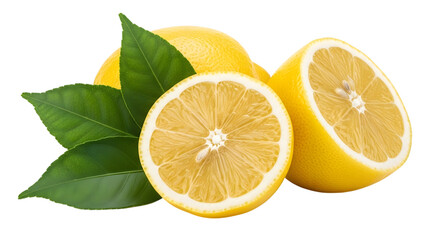 Fresh lemons with leaves whole and halved vibrant citrus fruit isolated on transparent background