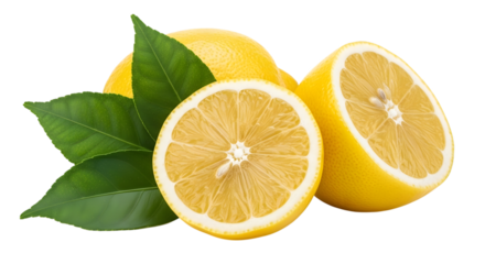 Fresh lemons with leaves whole and halved vibrant citrus fruit isolated on transparent background