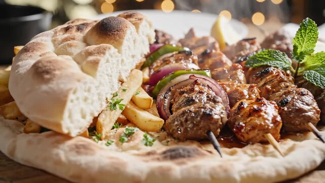 Close Up of Chicken Skewers Served With Flat Bread and Fries
