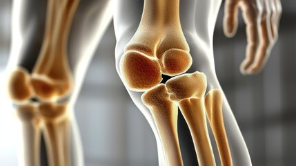 Human leg bones and joints revealed in translucent view, knees prominent