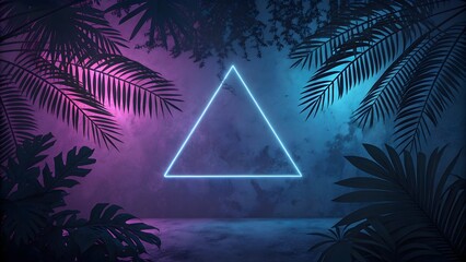 A glowing neon triangle geometric shape surrounded by tropical palm leaves under vibrant neon lights.