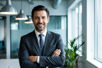Professional Middle Aged Businessman in Dark Suit and Tie Standing with Arms Crossed in Modern Bright Office Interior Concept for Leadership Corporate Success and Executive Career