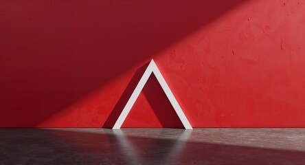 Abstract Geometry. White Triangle against Red Wall, Illuminated by Sunlight, Floor Reflection.