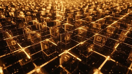 Abstract Golden Grid of Cubic Forms, Illuminated with Warm, Metallic Light and Reflections.