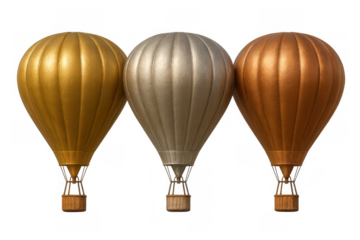 Three metallic hot air balloons in gold, silver, and bronze colors symbolizing competition, ranking, and victory