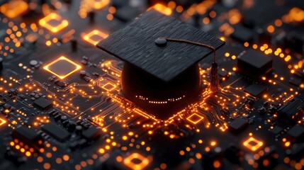 Mortarboard atop a circuit board, glowing orange; tech & learning convergence