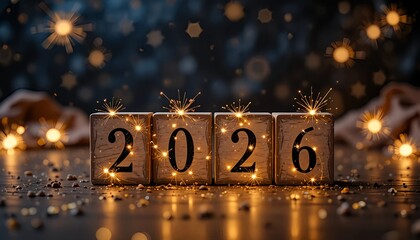 Minimal New Year concept with wooden number cubes, glowing sparkles, dark festive background, magical atmosphere, modern celebration design.
