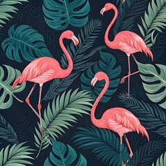Naklejka premium Tropical seamless pattern with pink flamingos and green leaves on a dark background
