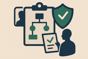 Comprehensive visual representation of effective compliance management featuring procedural flowcharts and an assurance shield symbolizing trust and accountability