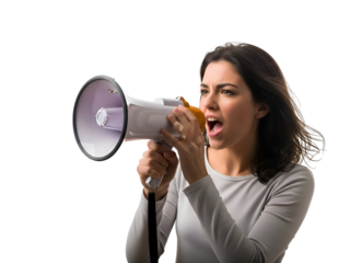 Woman Shouting into Megaphone, Making an Announcement on white background