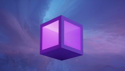 Abstract Purple Cube in a Dreamy Sky a Geometric Illusion, an Artistic Rendering.