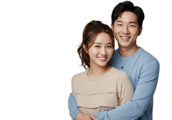 Young asian man in blue henley embracing young asian woman in beige top, both smiling joyfully at camera in a light grey studio, copy space. Concept of loving connection