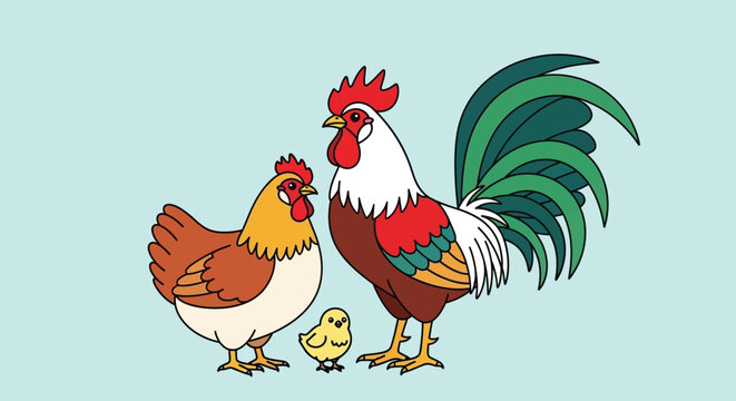 Illustration of a rooster, hen, and chick standing together against a light blue background with a flat, colorful design.