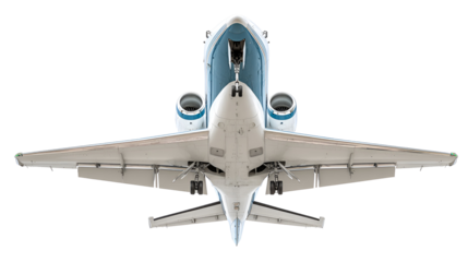 Top view of a modern private jet airplane isolated on transparent background