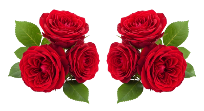 Four vibrant red roses with green leaves a repeating pattern isolated on transparent background - Powered by Adobe