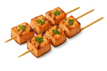 Grilled salmon skewers with chopped parsley, healthy omega-3 rich seafood appetizer for diet and restaurant menus