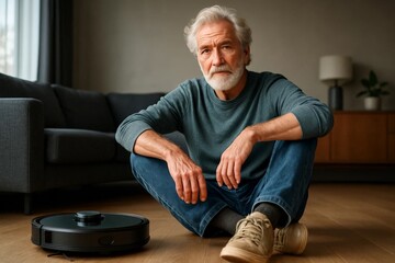 Fototapeta premium Senior man sitting on floor at home with robot vacuum cleaner, looking at camera in modern living room.