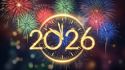 Festive midnight countdown for 2026 featuring an abstract blurred background with holiday fireworks and golden light effects.