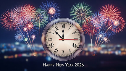 2026 New Year greeting card featuring a glowing countdown clock and festive fireworks on an abstract defocused background